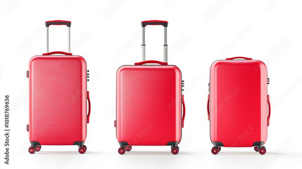 Three red suitcases of different sizes on a white background. Three red suitcases of different sizes on a white background.