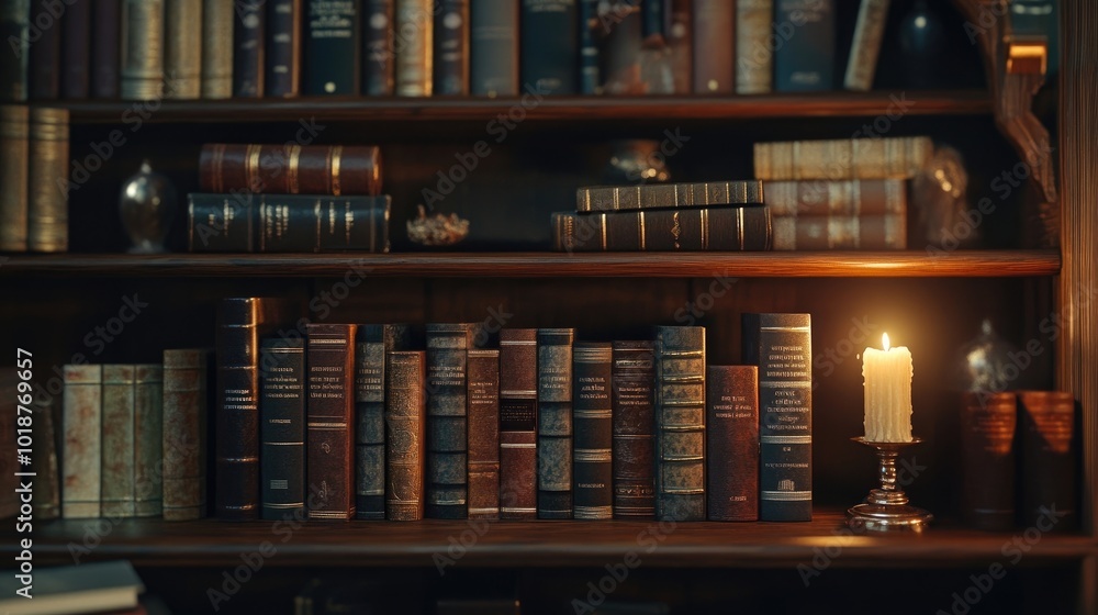 A well-organized bookshelf with leather-bound volumes and a flickering candle, creating a warm, inviting atmosphere A well-organized bookshelf with leather-bound volumes and a flickering candle, creating a warm, inviting atmosphere