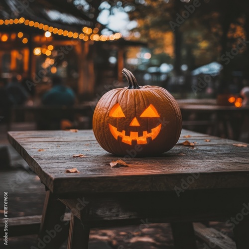 Jack Oâ Lantern On Table In Spooky Night - Halloween With Full Moon photo