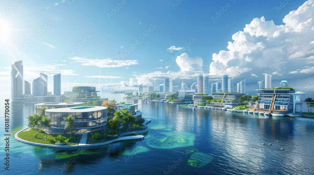 Fototapeta premium A smart coastal city powered by tidal energy, with sleek infrastructure and modern architecture blending seamlessly with the ocean environment. Bright, eco-friendly design.