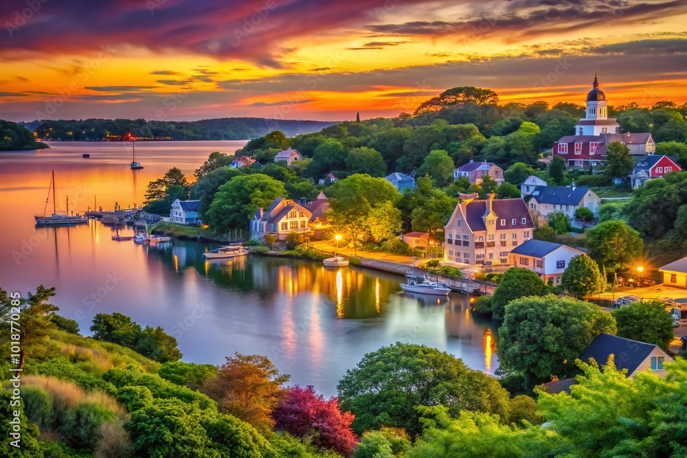 Fototapeta premium Enchanted Old Mystic Connecticut Landscape with Lush Greenery and Serene Coastal Views at Dusk