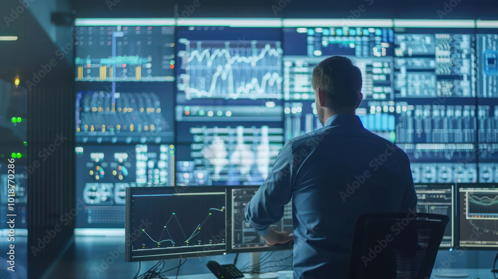 A smart energy grid control room, managing a city's renewable energy infrastructure with advanced technology and real-time data. High-tech, professional tone. A smart energy grid control room, managing a city's renewable energy infrastructure with advanced technology and real-time data. High-tech, professional tone.