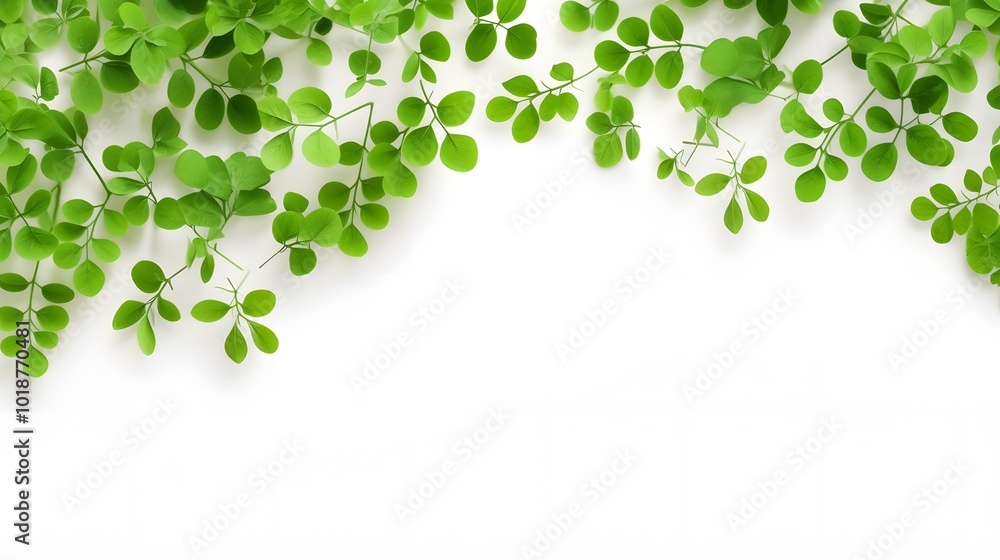 Green Moringa Leaves Bordering a White Background Green Moringa Leaves Bordering a White Background