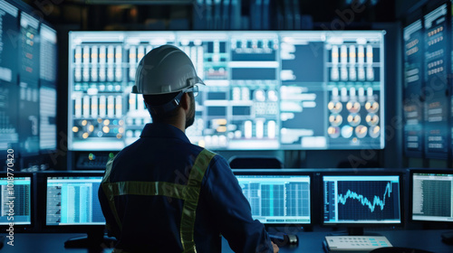 A smart grid control room where engineers use cutting-edge technology to optimize renewable energy distribution across a city. Sleek, professional design with bright visuals.