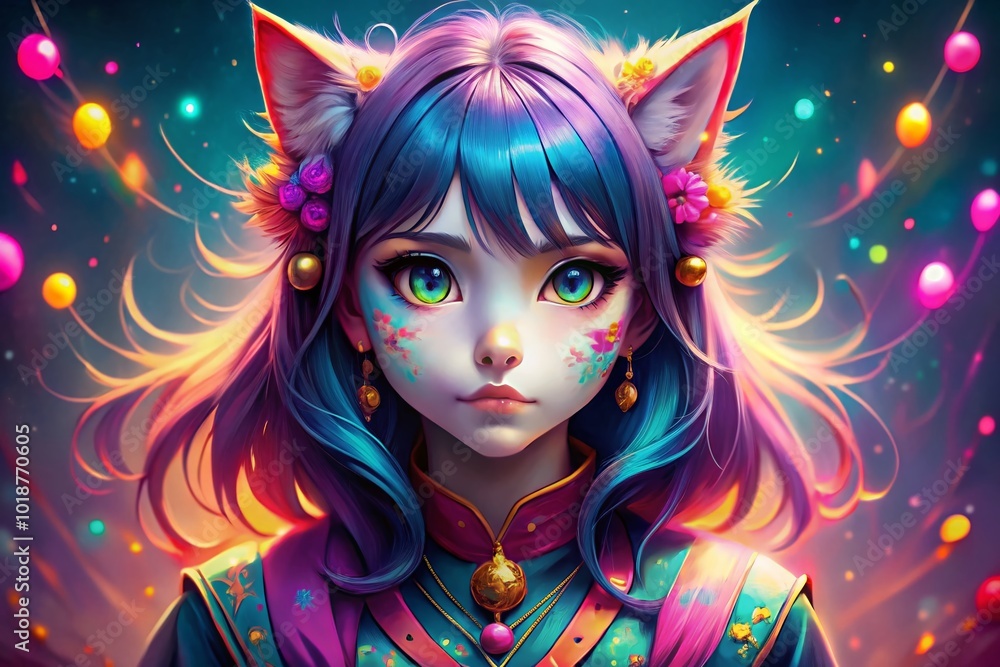 Enchanting Cat Anime Girl with Whiskers and Ears in Colorful Fantasy Setting with Magical Elements Enchanting Cat Anime Girl with Whiskers and Ears in Colorful Fantasy Setting with Magical Elements