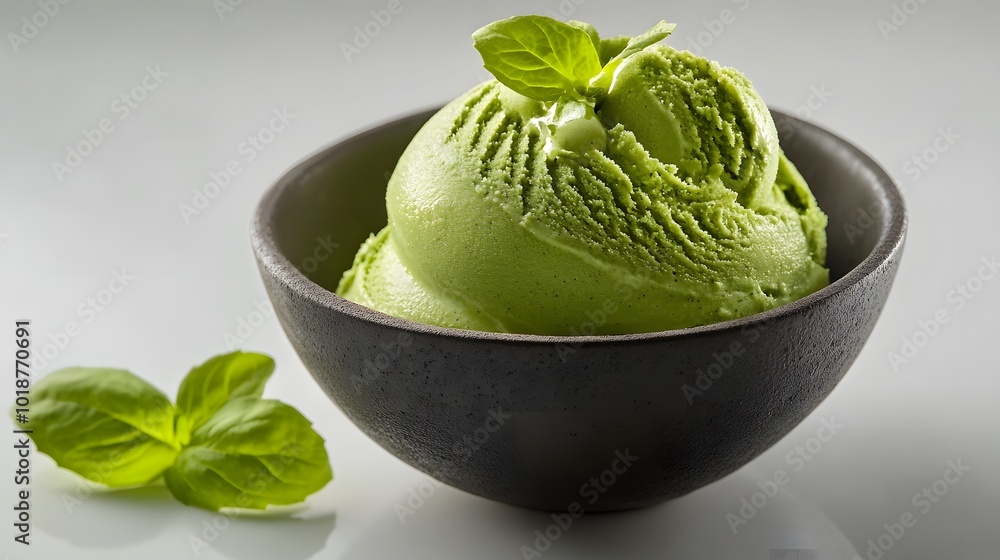 Green Tea Ice Cream with mint Garnish in a Black Bowl Green Tea Ice Cream with mint Garnish in a Black Bowl