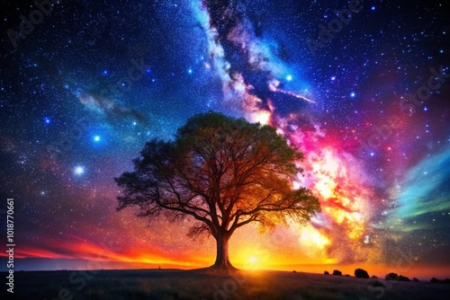 Enchanting Cosmic Tree Glowing Under Starry Sky with Nebula Background in a Surreal Universe Scene