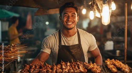 A cheerful vendor grilling skewers in a bustling night market setting, embracing the lively atmosphere and culinary richness that defines street food experiences. photo