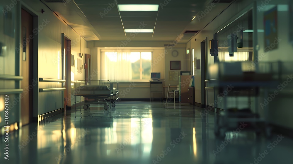 Empty Hospital Corridor with a Single Bed and Sunlight Streaking Through a Window Empty Hospital Corridor with a Single Bed and Sunlight Streaking Through a Window