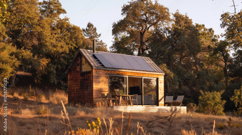 A solar-powered cabin in a remote, off-grid location, featuring innovative solar technology and eco-friendly materials. Bright, nature-focused visuals. A solar-powered cabin in a remote, off-grid location, featuring innovative solar technology and eco-friendly materials. Bright, nature-focused visuals.