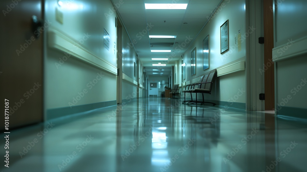 Empty Hospital Corridor with Chairs and Reflections Empty Hospital Corridor with Chairs and Reflections