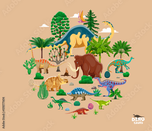 Prehistoric dinosaurs cartoon characters. Vector dino animal reptile species in round shape amidst a lush Jurassic or Mesozoic era landscape with palm trees, ferns, eggs, cacti plants and rocks