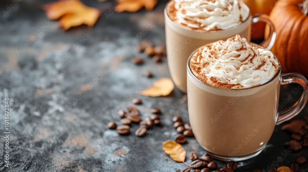Two pumpkin spice lattes with whipped cream and cinnamon on a rustic background with coffee beans, fall leaves and pumpkins. Two pumpkin spice lattes with whipped cream and cinnamon on a rustic background with coffee beans, fall leaves and pumpkins.