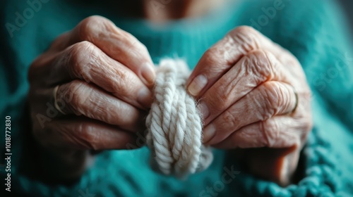 A detailed and touching close-up of experienced hands manipulating soft white yarn, highlighting the beauty of age-old crafts and human delicacy. photo