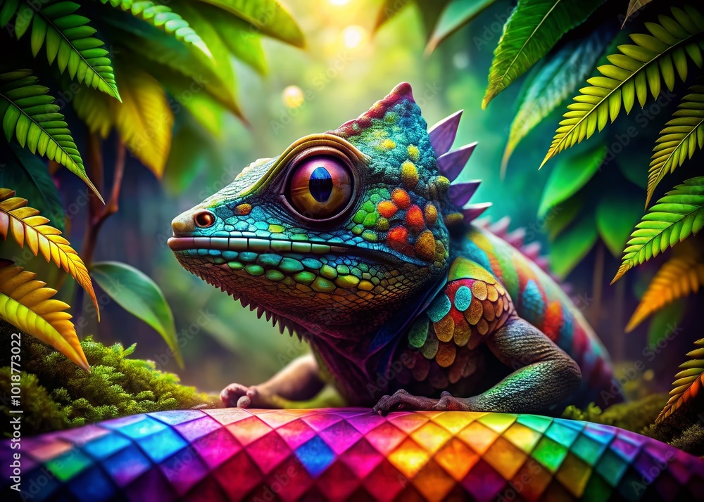 Obraz premium Enigmatic Rhombus Creature with Colorful Patterns in a Lush Fantasy Forest Setting