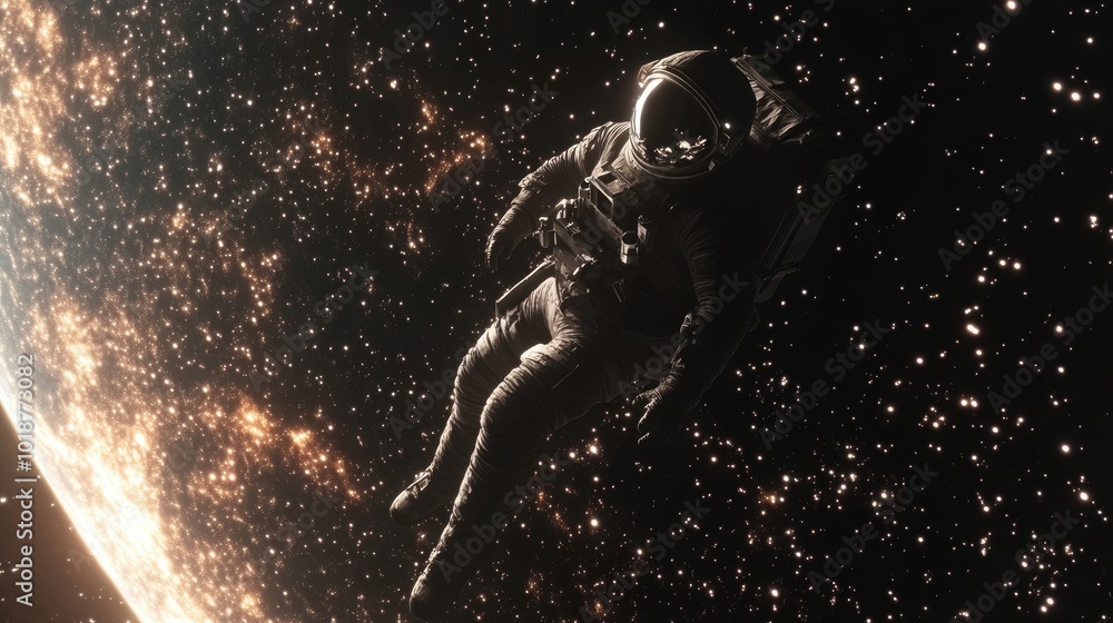 Generative AI image of an astronaut floating in Earth's orbit, surrounded by stars. Generative AI image of an astronaut floating in Earth's orbit, surrounded by stars.