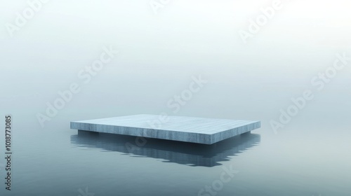 Minimalist diving platform above tranquil waters, gentle illumination, serene atmosphere, simplicity in design, inviting calmness