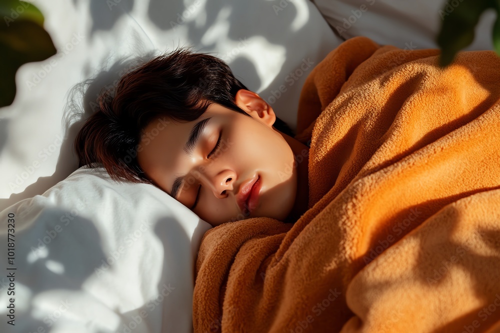 Realistic image of a person wrapped in blankets, sleeping with the moonlight casting shadows on the walls, symbolizing the calming influence of night on sleep Realistic image of a person wrapped in blankets, sleeping with the moonlight casting shadows on the walls, symbolizing the calming influence of night on sleep
