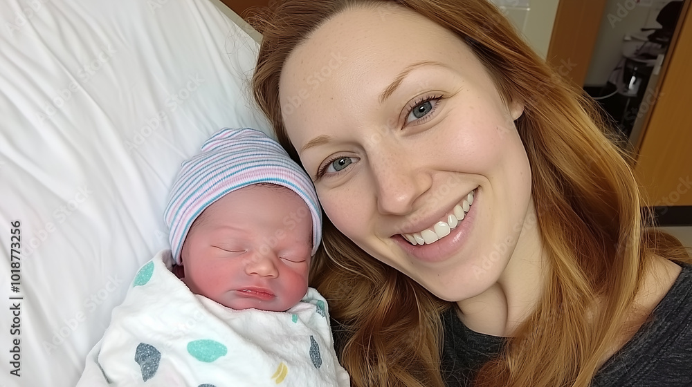A new mother cradles her newborn baby, both beaming with joy. A new mother cradles her newborn baby, both beaming with joy.