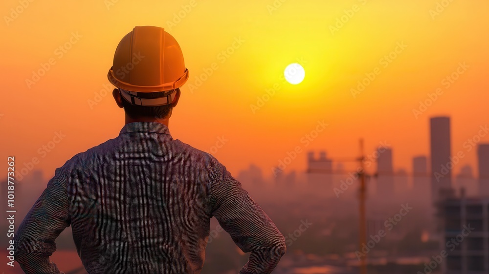 Construction worker observing sunset over city skyline, safety helmet, industrial view. Construction worker observing sunset over city skyline, safety helmet, industrial view.