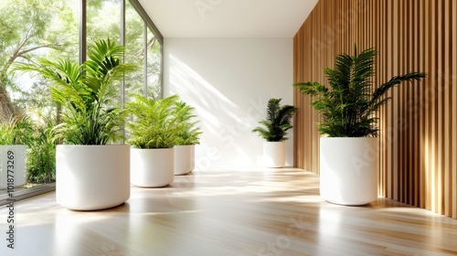 An elegant room featuring white planters filled with vibrant green plants, the space is bathed in natural sunlight creating a fresh and modern atmosphere.