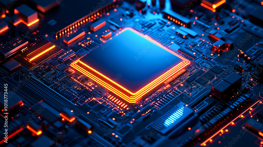 Abstract modern computer architecture composition with neon light, Information technology and artificial intelligence concept Abstract modern computer architecture composition with neon light, Information technology and artificial intelligence concept