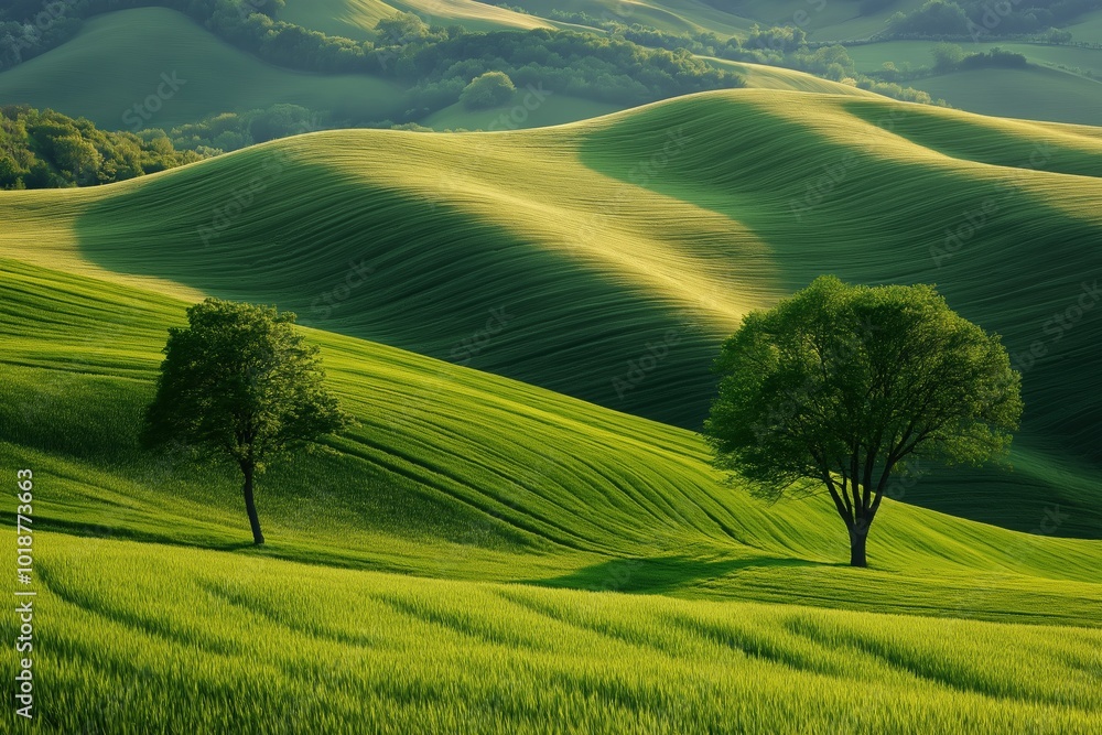 Fototapeta premium A lush green field with two trees in the foreground. The trees are in the middle of the field and are surrounded by grass. The field is very green and peaceful