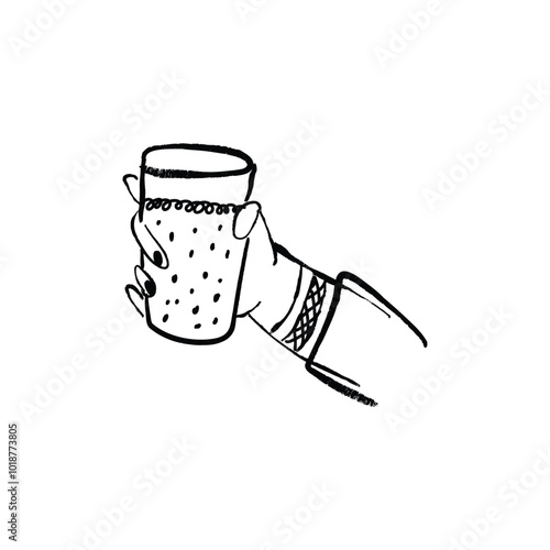 Hand holding glass with a drink - hand made illustration with pencil texture. Doodle freehand vector drawing isolated on white background.