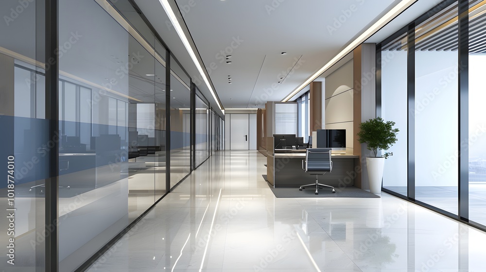 Modern Office Corridor with Glass Partitions and a Desk Modern Office Corridor with Glass Partitions and a Desk
