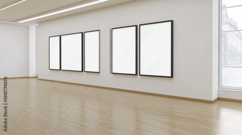 Empty gallery room with four blank frames on white walls. Empty gallery room with four blank frames on white walls.