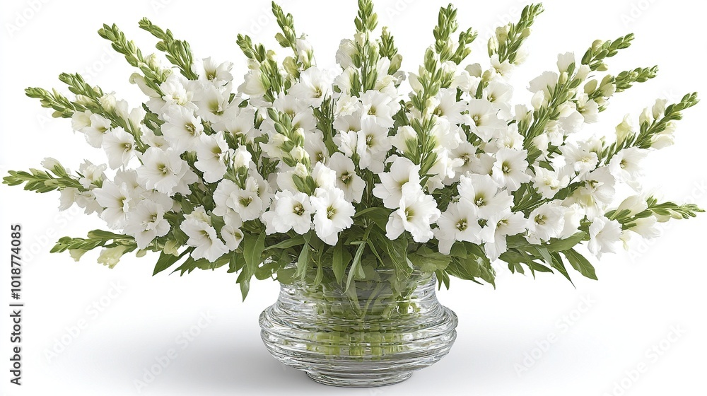A large bouquet of white snapdragons arranged in a clear glass vase, isolated on a white background.