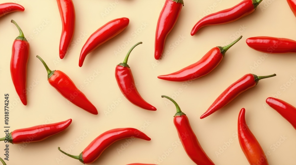 Red chili peppers arranged in a seamless pattern on a beige background Red chili peppers arranged in a seamless pattern on a beige background