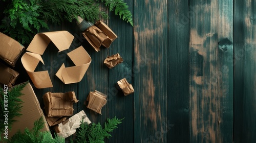 A recycling symbol is crafted from torn cardboard amidst green foliage on a wooden surface, reflecting eco-friendliness and environmental awareness focus. photo