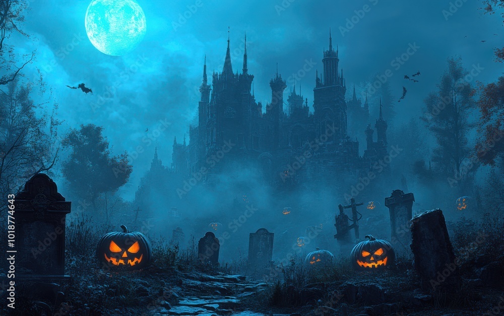 3D rendered Halloween graveyard at night with jack o lantern pumpkins, mist rising around a dark castle, eerie spooky season mood 3D rendered Halloween graveyard at night with jack o lantern pumpkins, mist rising around a dark castle, eerie spooky season mood