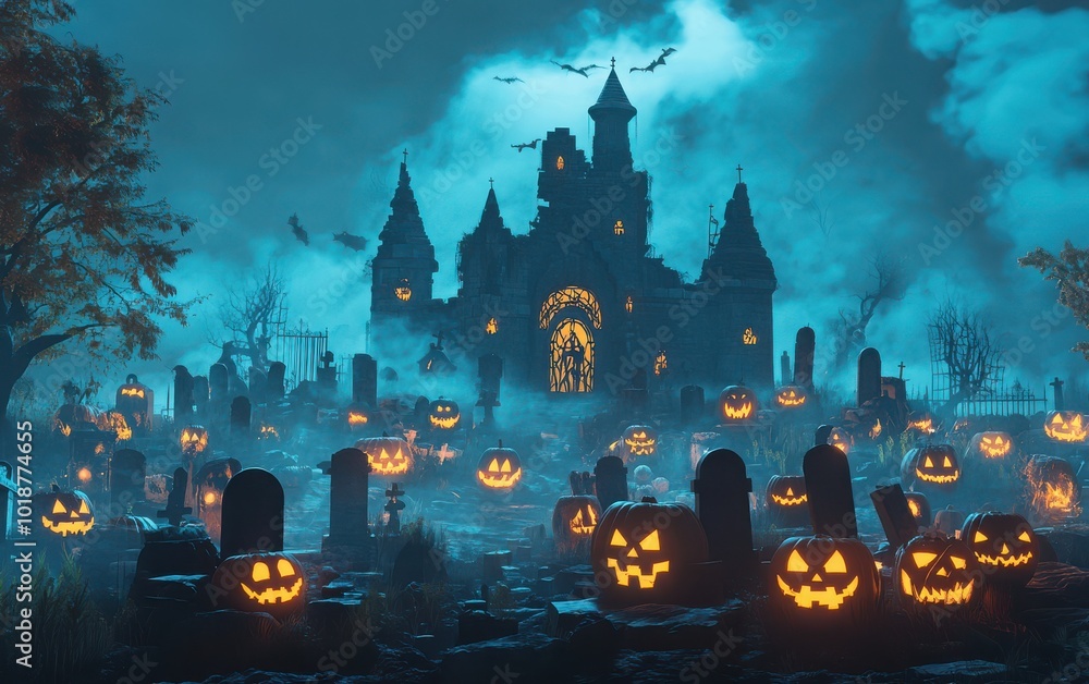 3D rendered Halloween graveyard at night with jack o lantern pumpkins, mist rising around a dark castle, eerie spooky season mood 3D rendered Halloween graveyard at night with jack o lantern pumpkins, mist rising around a dark castle, eerie spooky season mood