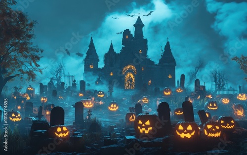 3D rendered Halloween graveyard at night with jack o lantern pumpkins, mist rising around a dark castle, eerie spooky season mood 