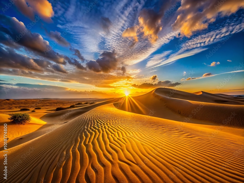 Naklejka premium Expansive Desert Landscape in Spain Featuring Golden Sand Dunes and Clear Blue Sky at Sunset