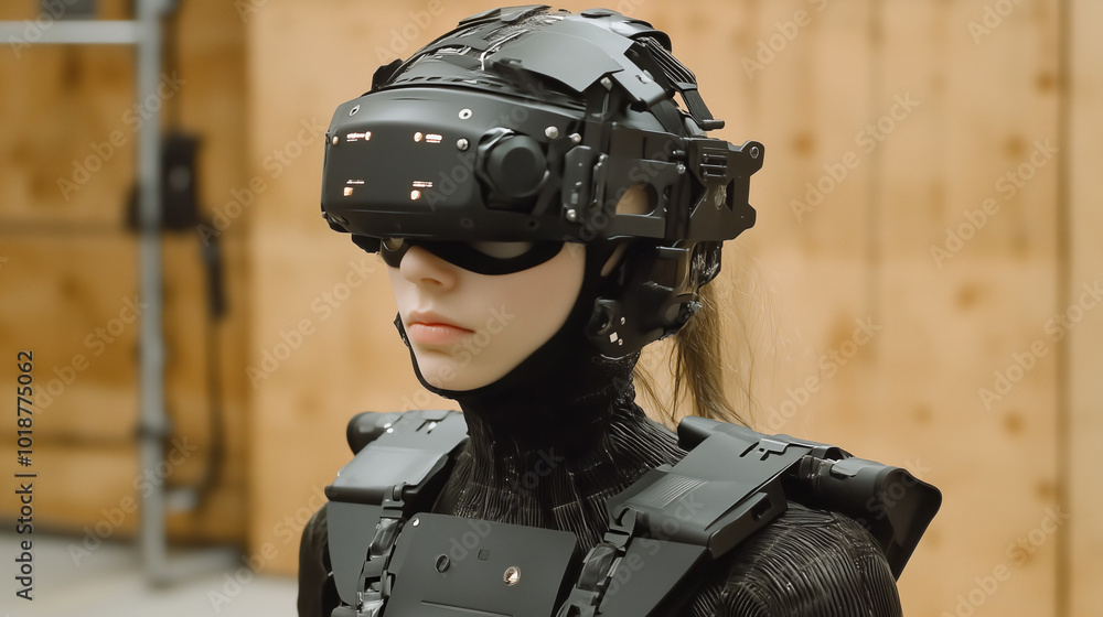 A woman wearing a futuristic VR headset and tactical gear. A woman wearing a futuristic VR headset and tactical gear.