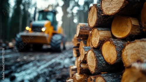 A detailed close-up focus on stacked logs, with a blurred, yellow tractor in a forest setting highlighting wood harvesting activities in a natural environment. photo