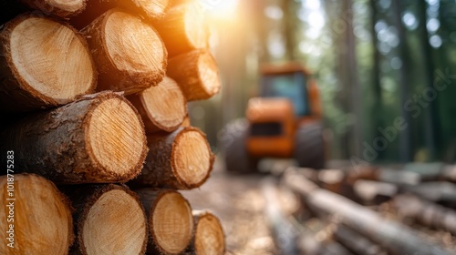 Brightly lit logs are neatly stacked against a soft-focus backdrop of industrial machinery, conveying the industry of forestry within a vibrant natural scene. photo