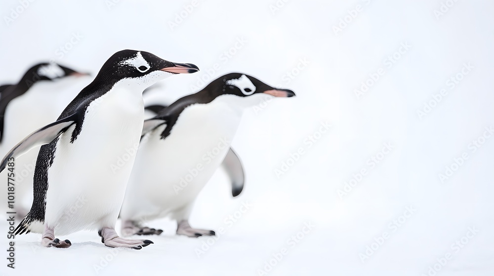 Fototapeta premium Three Penguins Walking in the Snow