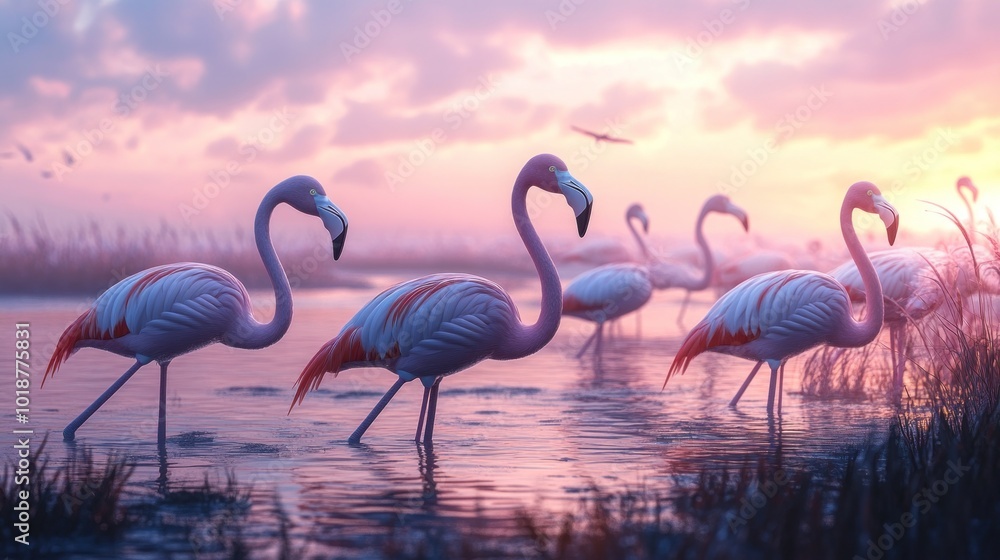 Naklejka premium Flamingos in Sunset Landscape