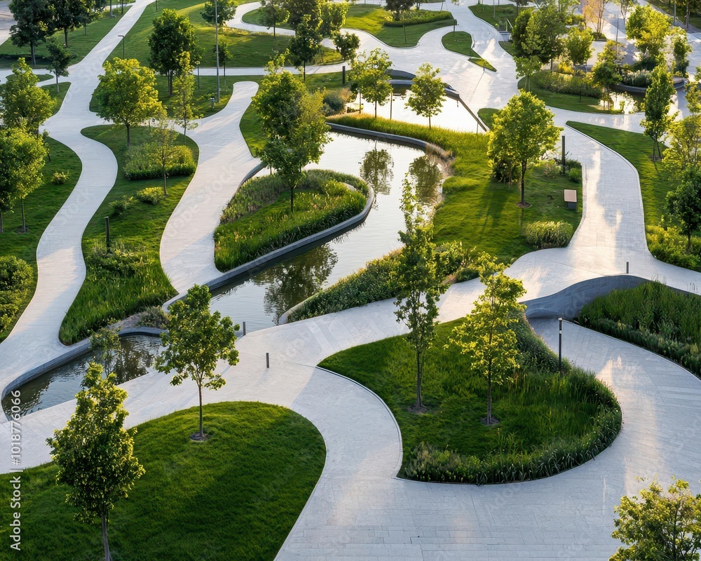 ภาพประกอบสต็อก Eco-urban park layout designed with organic pathways and ...
