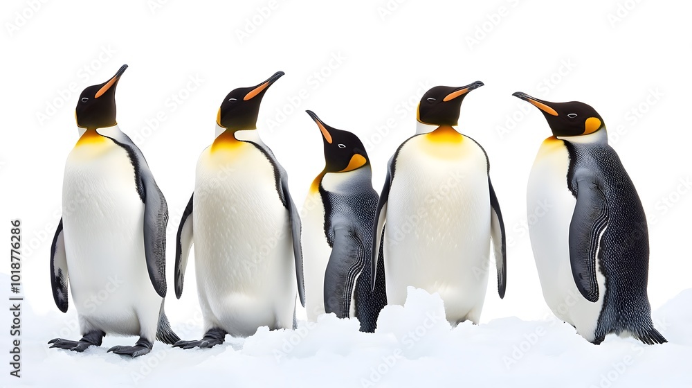 Fototapeta premium Five King Penguins Standing on a Snowdrift