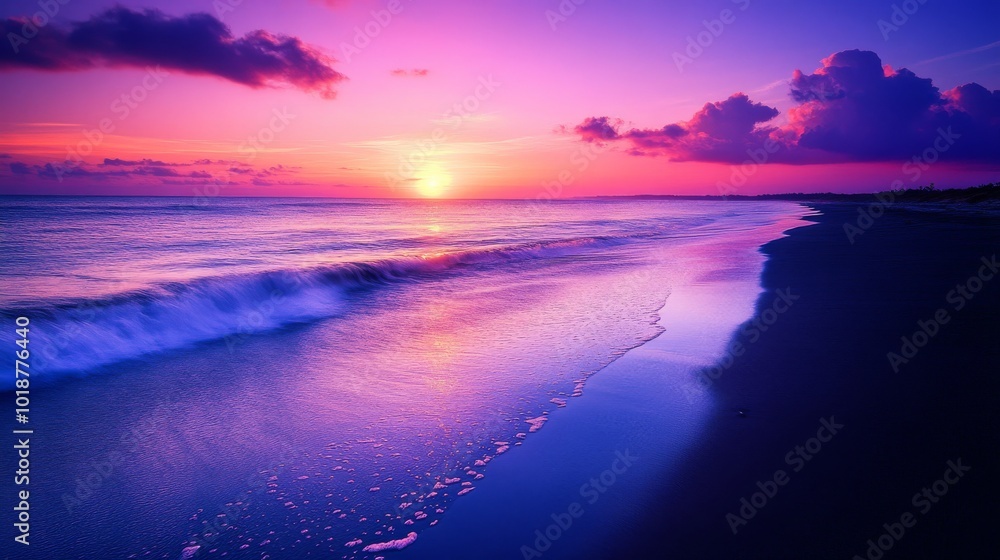 Sunset over a Beach with Purple Clouds and a Calm Ocean Sunset over a Beach with Purple Clouds and a Calm Ocean