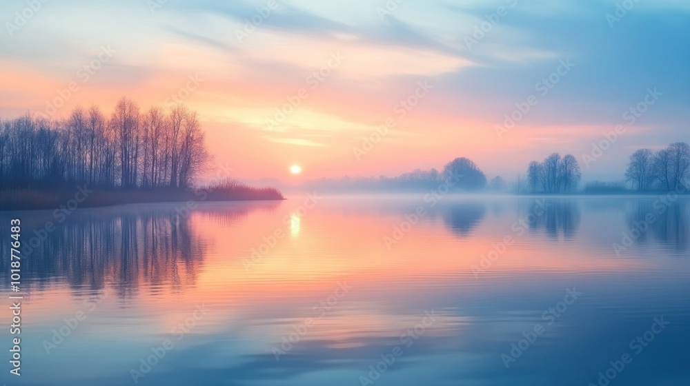 Fototapeta premium Sunrise Reflection on a Misty Lake