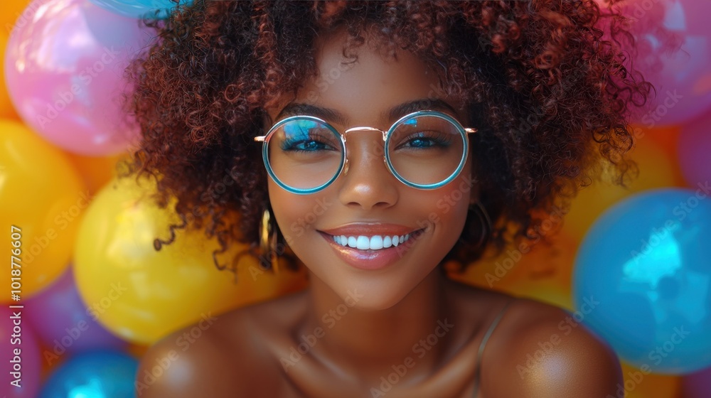A joyful young woman with curly hair smiles brightly among colorful balloons in a vibrant summer setting A joyful young woman with curly hair smiles brightly among colorful balloons in a vibrant summer setting