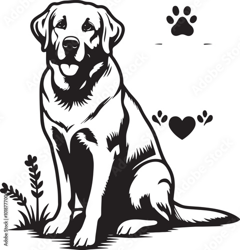 Labrador dog with hearts black and white illustration