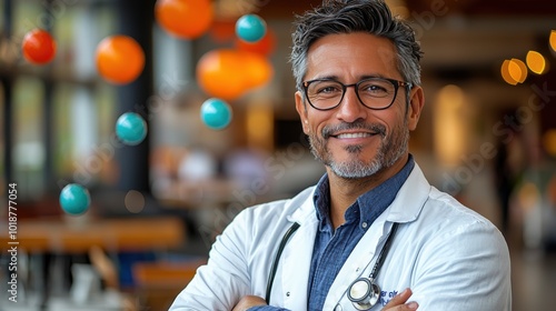 A smiling doctor stands confidently with arms crossed in a vibrant medical setting, showcasing a warm and welcoming atmosphere