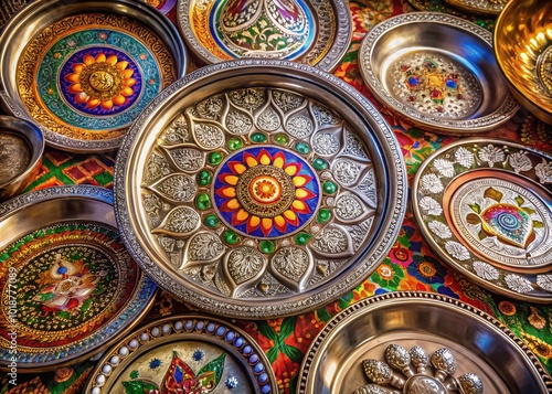 Exquisite Silver Plates Featuring Traditional Indian Designs on a Decorative Surface for Display